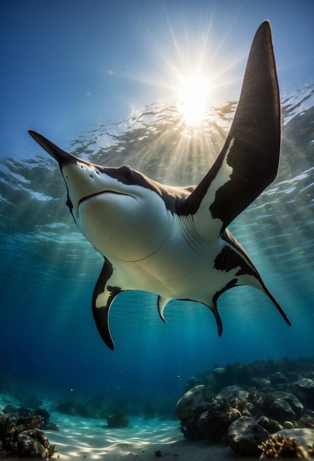 A manta ray with wide, elegant wings, floating in the ocean.