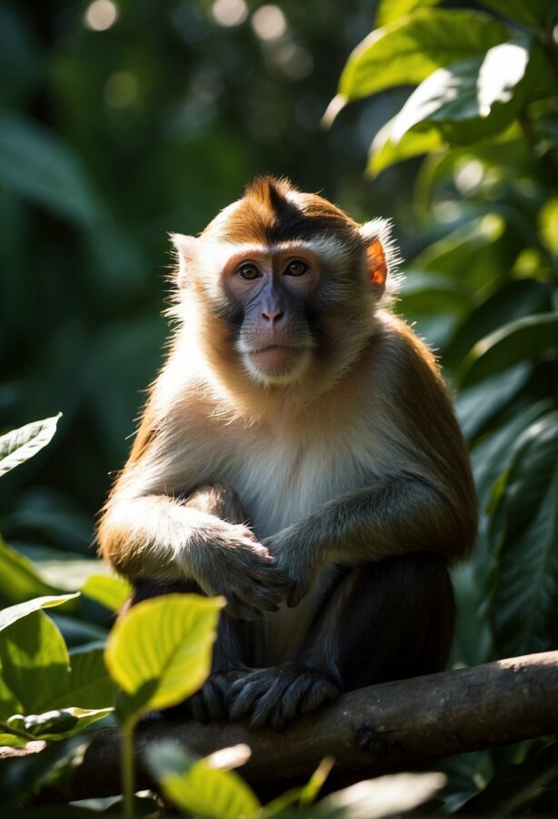 A pensive monkey perched on a tree branch, surrounded by lush green foliage, gazes thoughtfully into the distance.