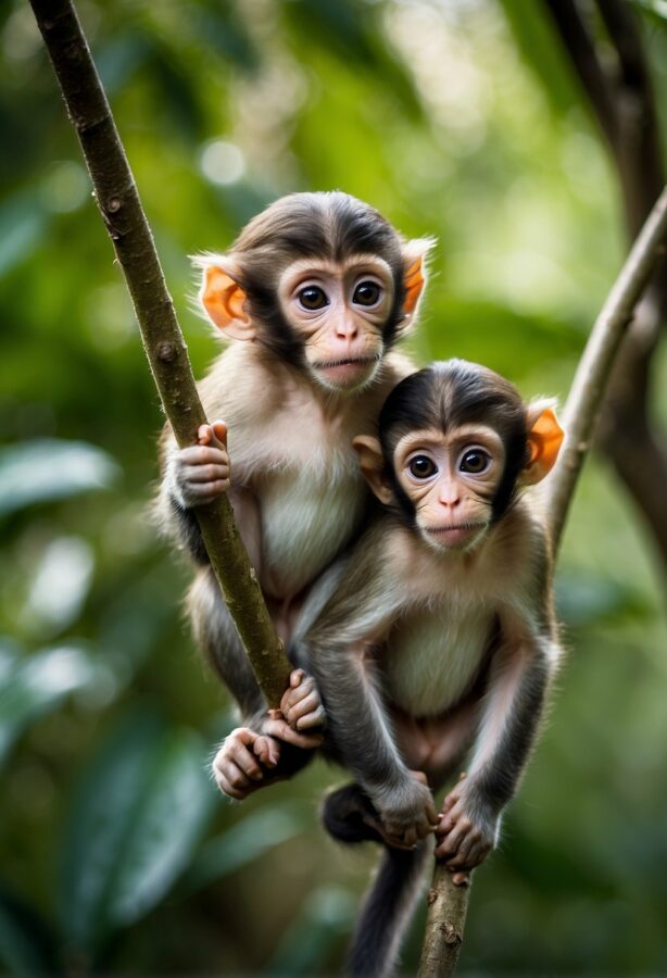 A group of baby monkeys, or infants, clinging to their mothers' backs while swinging through the trees.