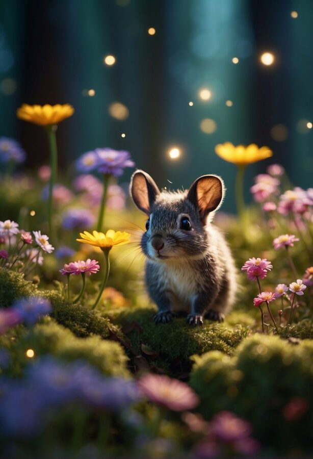 Animal Photo Ideas: In an enchanting forest glade, a small, wide-eyed mouse stands among a carpet of colorful flowers and soft moss