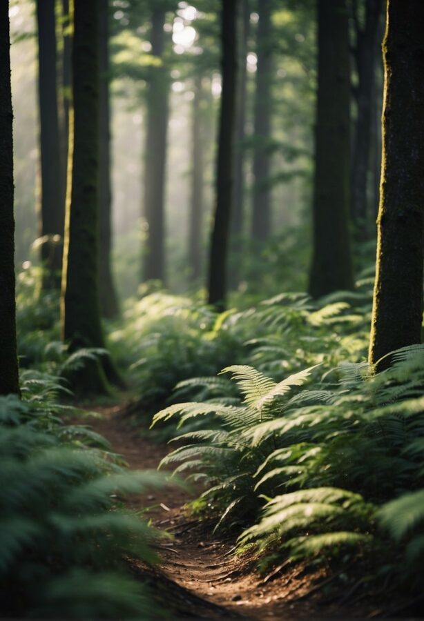 A tranquil forest path flanked by tall trees and lush ferns, with rays of sunlight filtering through the misty atmosphere.