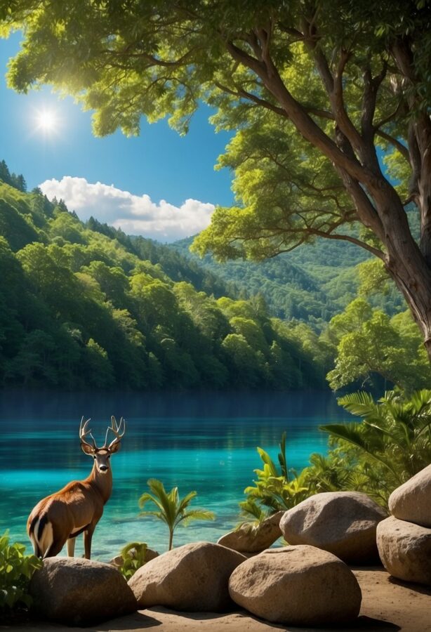 A deer standing by the edge of a crystal-clear blue lake surrounded by lush greenery and rocks under a bright sky.