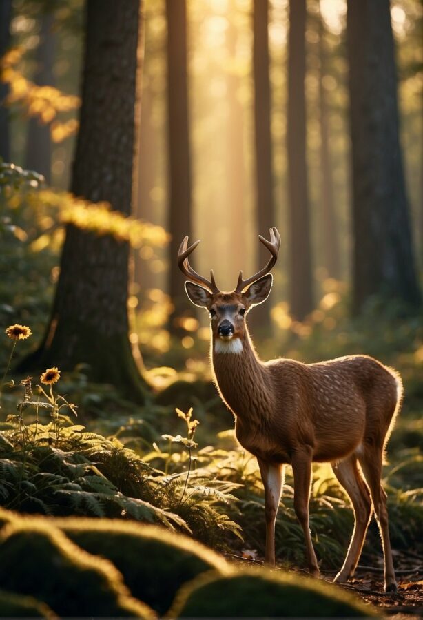 In the golden light of a forest at sunrise, a deer with velvety antlers looks towards the camera