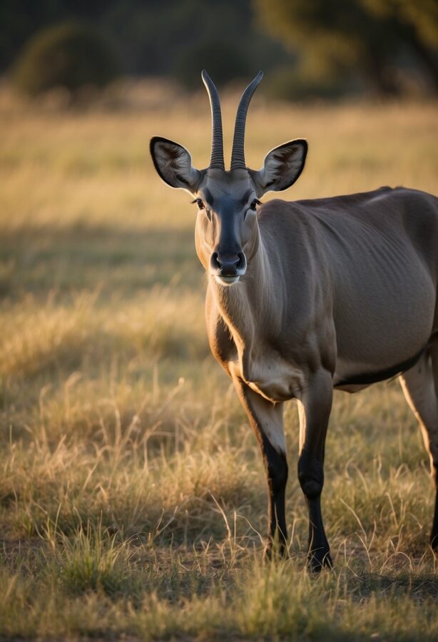 A nilgai, also known as the blue bull, is captured in soft light, its large eyes and long horns exuding a gentle but wild essence.