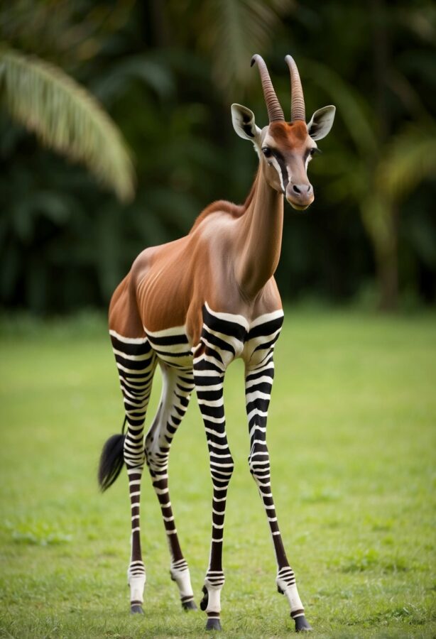 An okapi with distinct striped legs standing in a lush jungle clearing