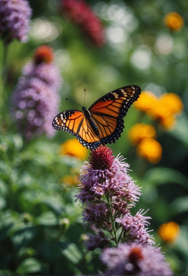 Wildlife Gardening: A striking orange butterfly resting on a purple flower, with a soft-focus backdrop of a summer garden.