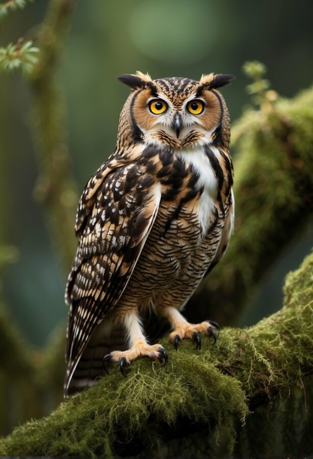 A majestic owl with striking yellow eyes and detailed brown feathers perches on a mossy branch in a dense forest.