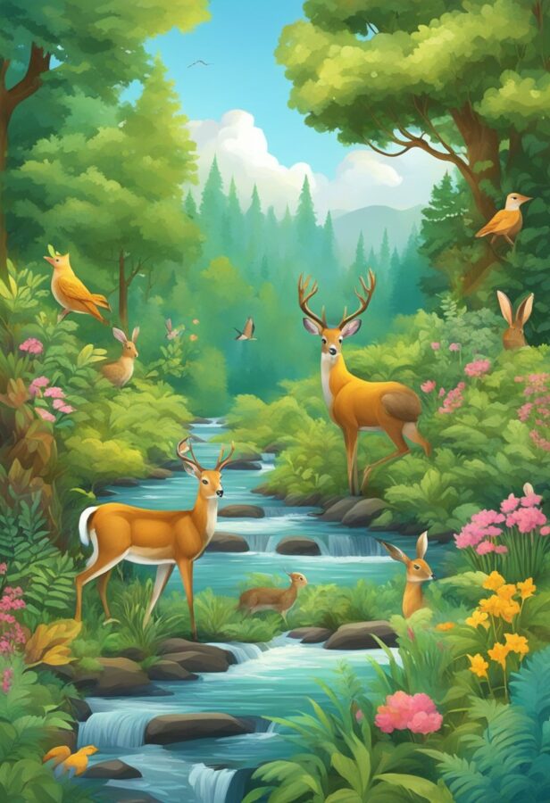 A painting depicting a serene forest scene with a deer drinking from a stream, surrounded by lush vegetation, while birds flit among the trees.