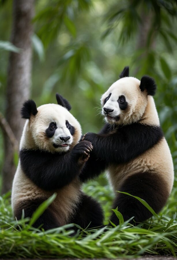 Two adorable panda cubs sitting next to each other, their black and white fur fluffy and endearing.