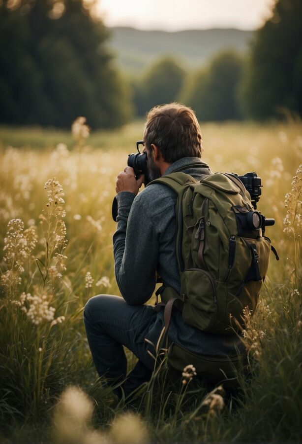A photographer crouches in a grassy field, taking a photo, with his camera to his eye