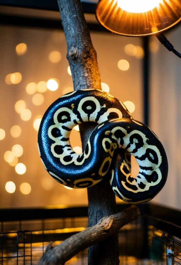 A ball python coils around a tree branch in a terrarium, its scales glistening under the warm glow of a heat lamp