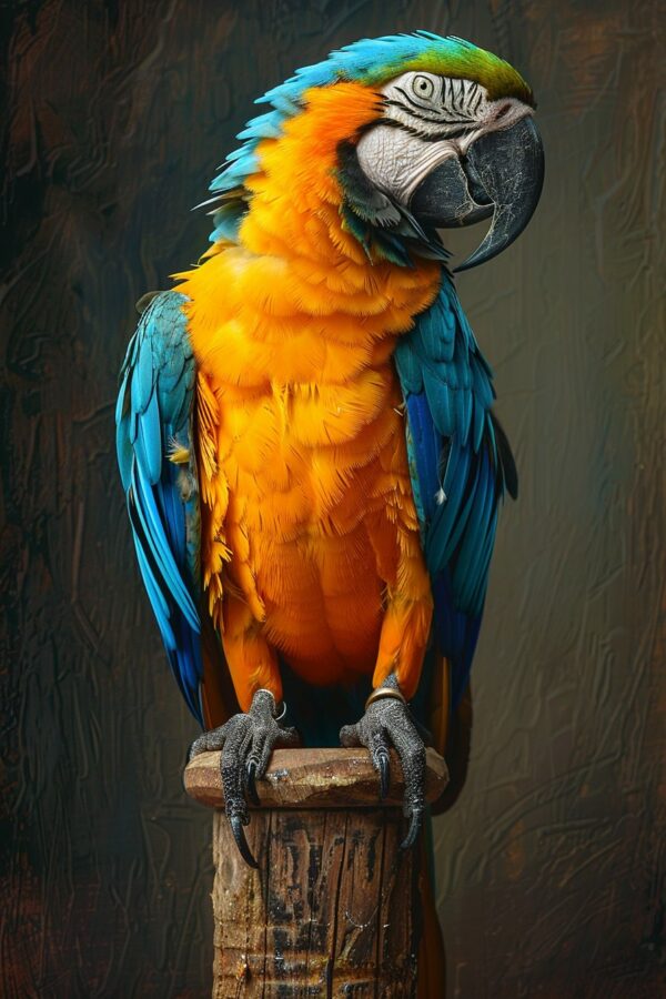 Ruffled feathers parrot on a wooden perch	