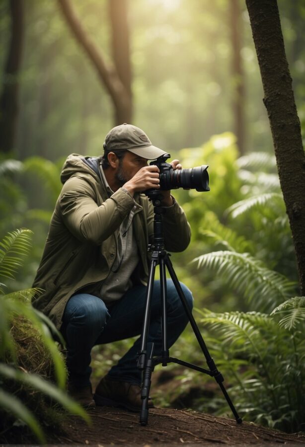 A male photographer is set up with a camera on a tripod in a lush forest