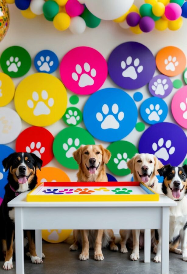 A colorful art station with paw prints in various sizes and colors, surrounded by happy dogs and playful decorations