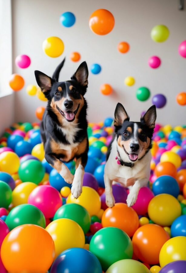 A colorful ball pit filled with playful dogs of various breeds and sizes, happily jumping and frolicking among the vibrant balls