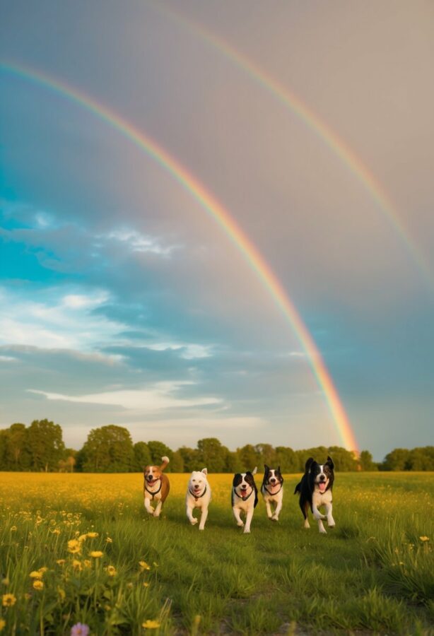 Dogs playing in lush field under double rainbow with vibrant sky.