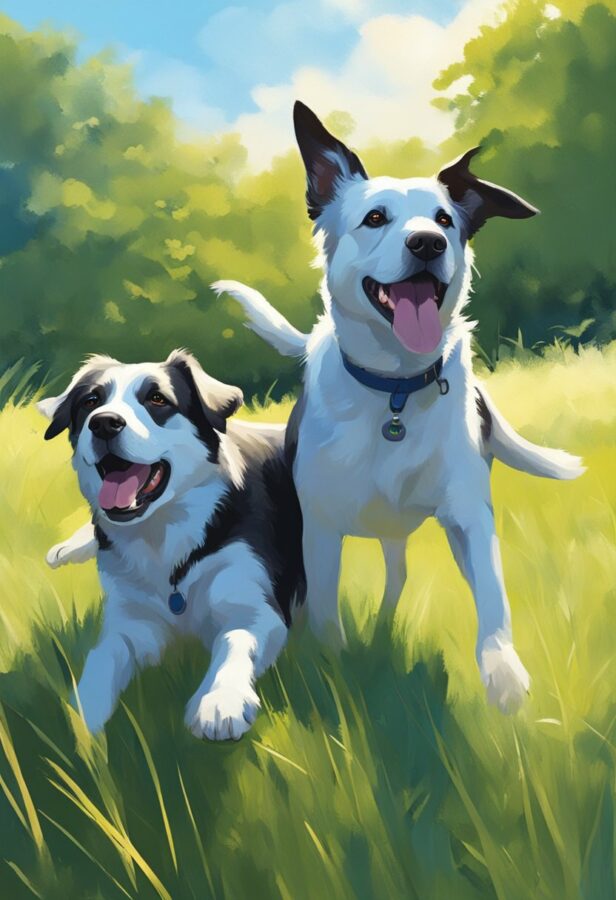 An artwork depicting two dogs, one with a tennis ball in its mouth