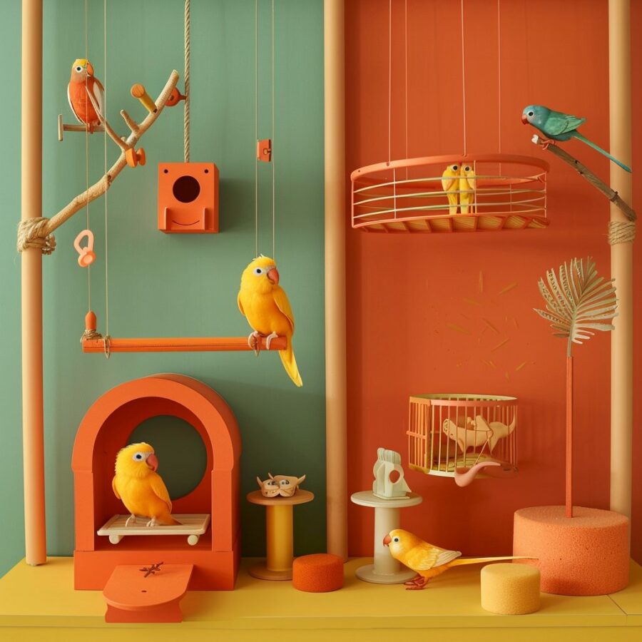 Orange Canary surrounded by a playful array of toys and perches