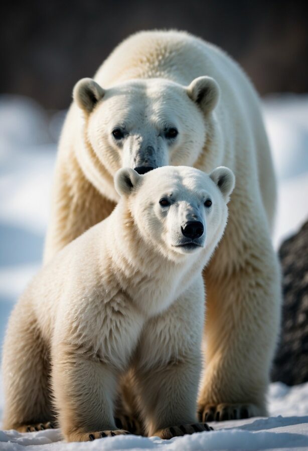 Mother and baby animal photos: Two polar bears, an adult and a cub, standing in the snow with the adult behind the cub, both facing the camera.