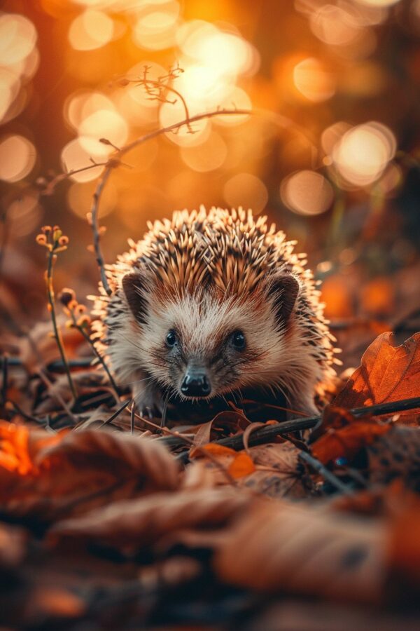 Hedgehog pouting among autumn leaves	