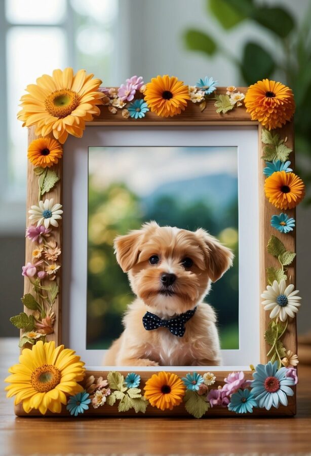 A delightful puppy peering out from a vibrant floral frame, its eyes full of curiosity and joy.