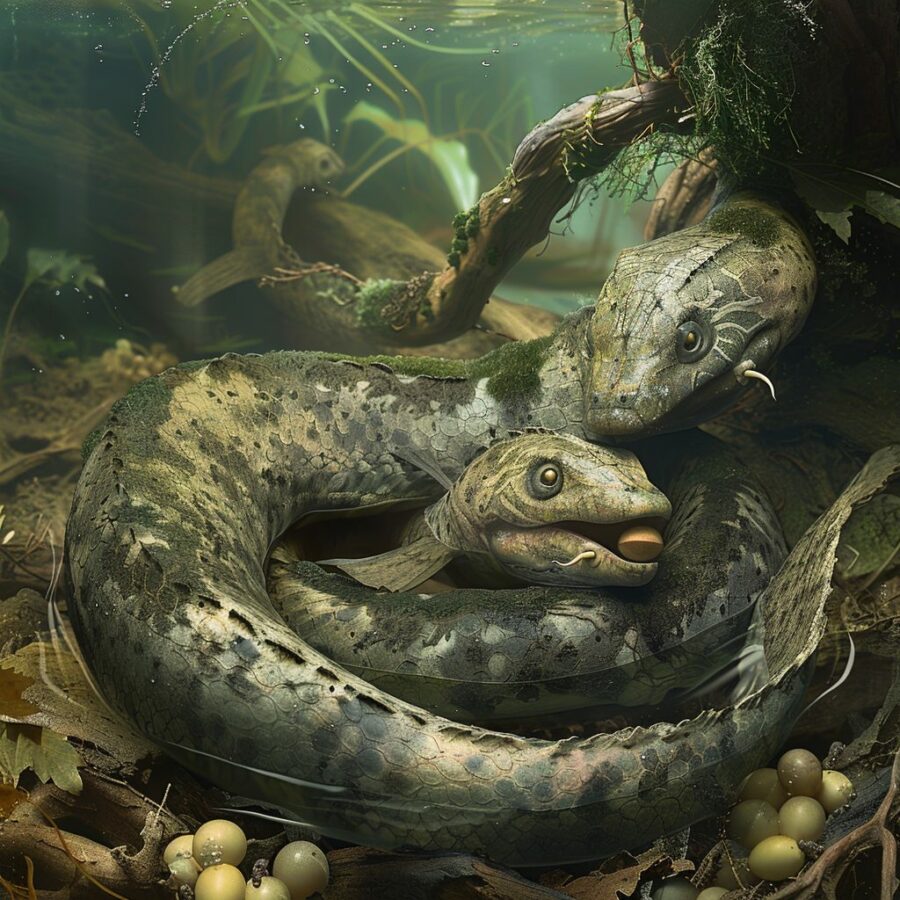 Dragon Eel engaged in courtship rituals, egg-laying, and parental care.