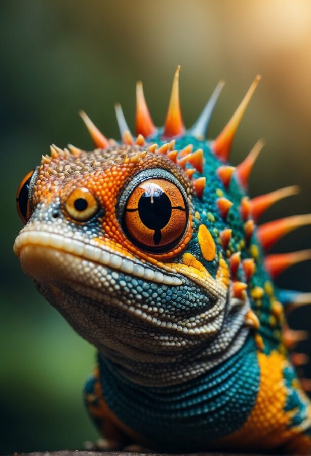 Weird Animal Photos: A vividly colored reptile with textured orange and blue scales, crowned with a spiky crest, gazes curiously into the lens.