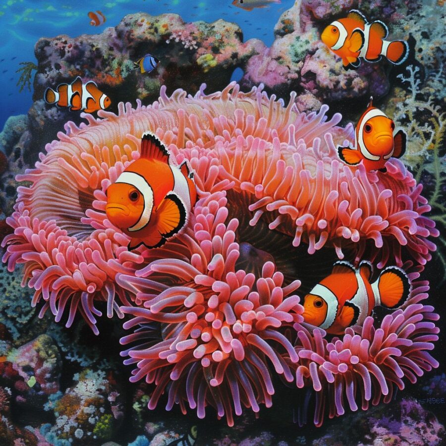 Rose Bubble Tip Anemones hosting clownfish in a marine environment.