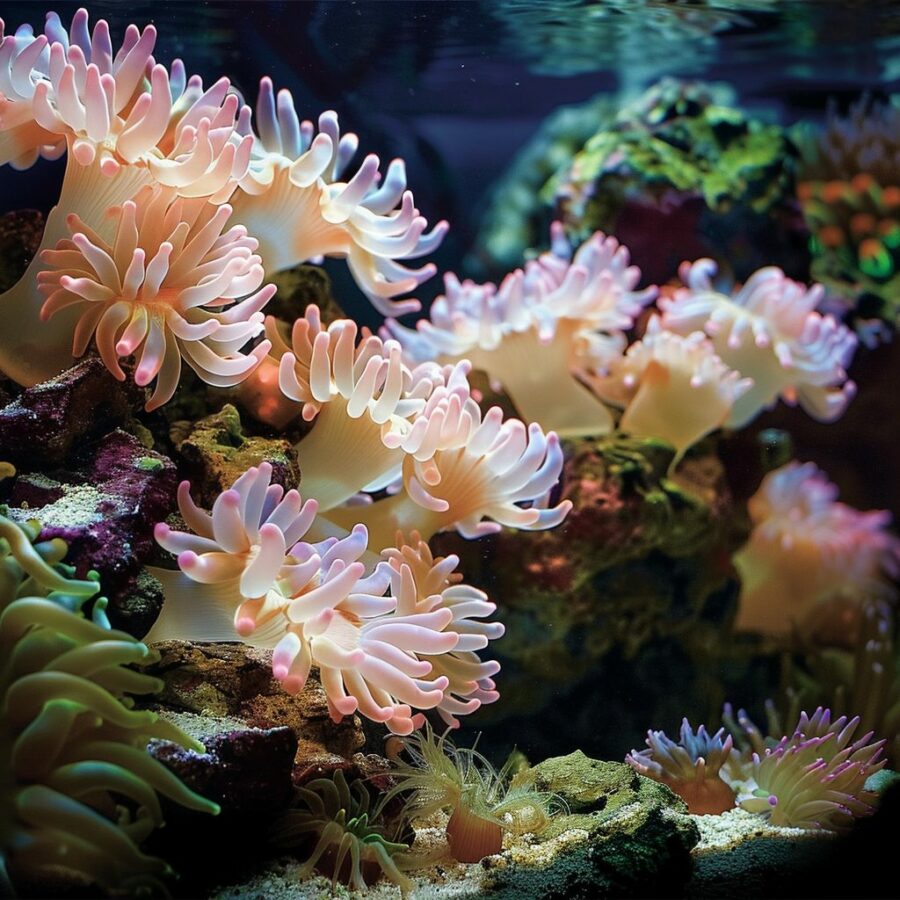 Rose Bubble Tip Anemones in beautifully aquascaped aquarium.