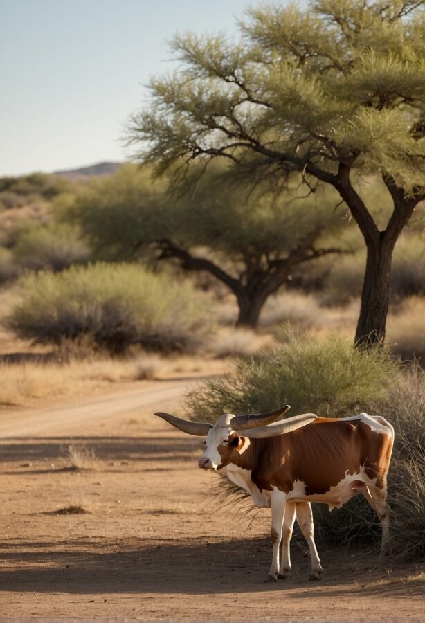 Animals roam the Texas plains, including longhorn cattle, armadillos, and coyotes. The landscape features cacti, mesquite trees, and rolling hills