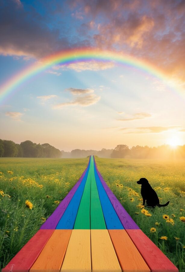 A peaceful, vibrant rainbow bridge stretching over a serene meadow, with a silhouette of a beloved pet waiting on the other side
