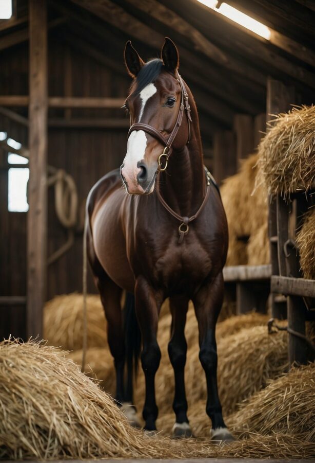 A majestic horse stands proud in a rustic barn, surrounded by golden bales of hay.