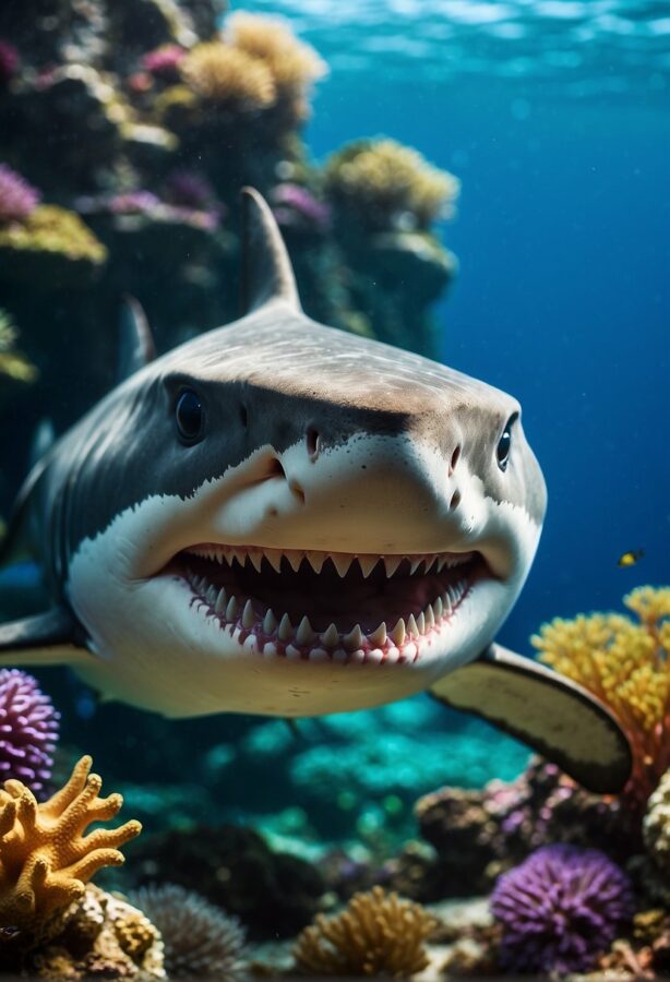 A great white shark with a seemingly friendly grin swims amid colorful coral reefs, its sharp teeth contrasted against its smooth skin.