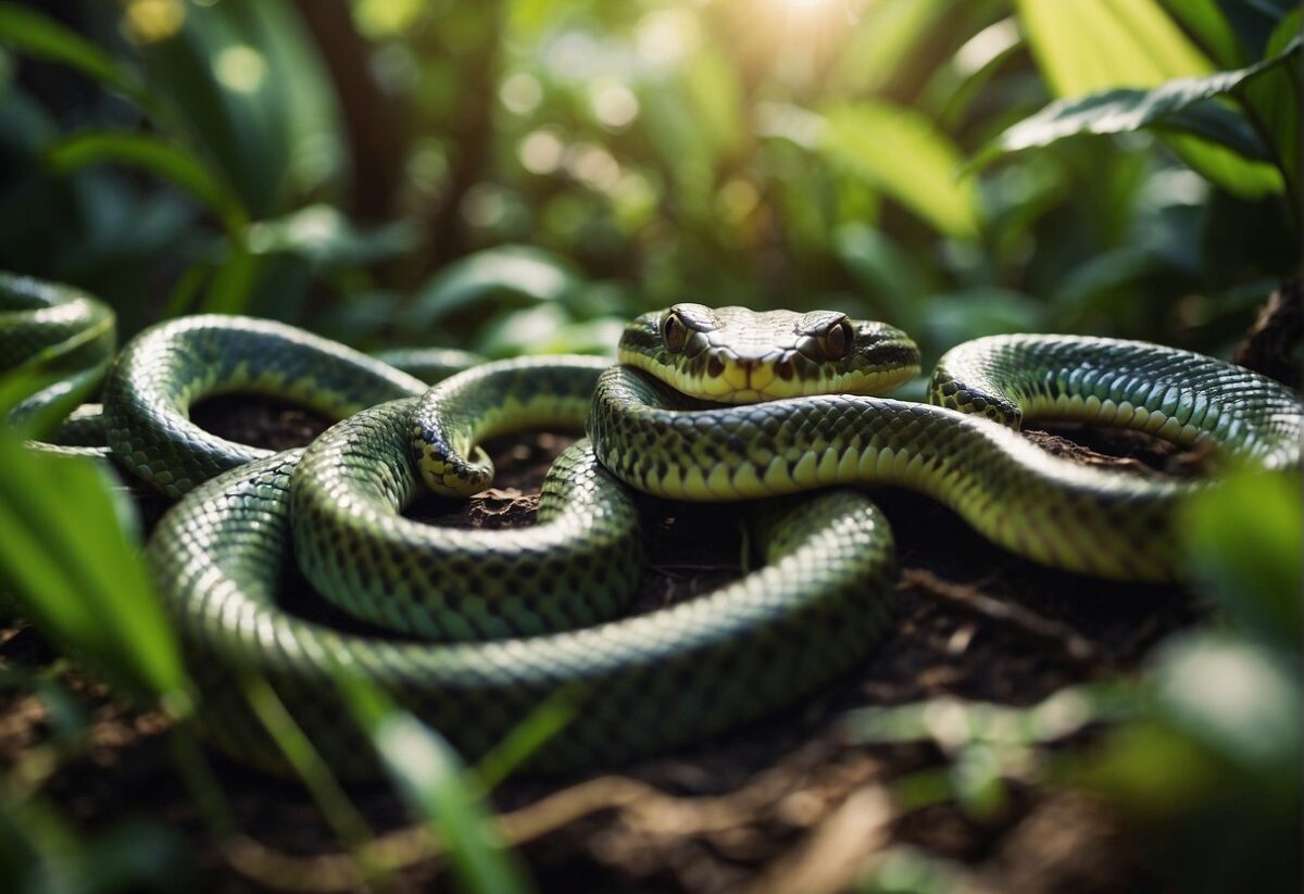 A group of colorful snakes slither through lush green foliage in Hawaii