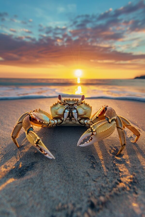 Crab with raised claws on a beach	