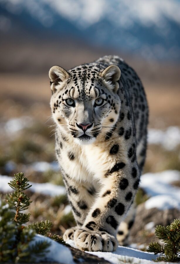 A snow leopard approaches with piercing eyes, its spotted fur a striking contrast to the sparse, snowy landscape it traverses.