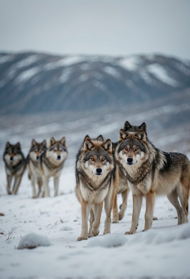 A pack of wolves roam the snowy tundra of the Arctic Refuge, their fur blending in with the white landscape as they hunt for prey