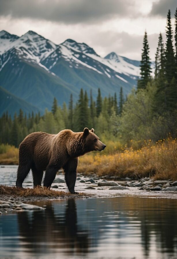 Observing wildlife in Alaska: a bear and moose by a serene river, with snow-capped mountains in the background