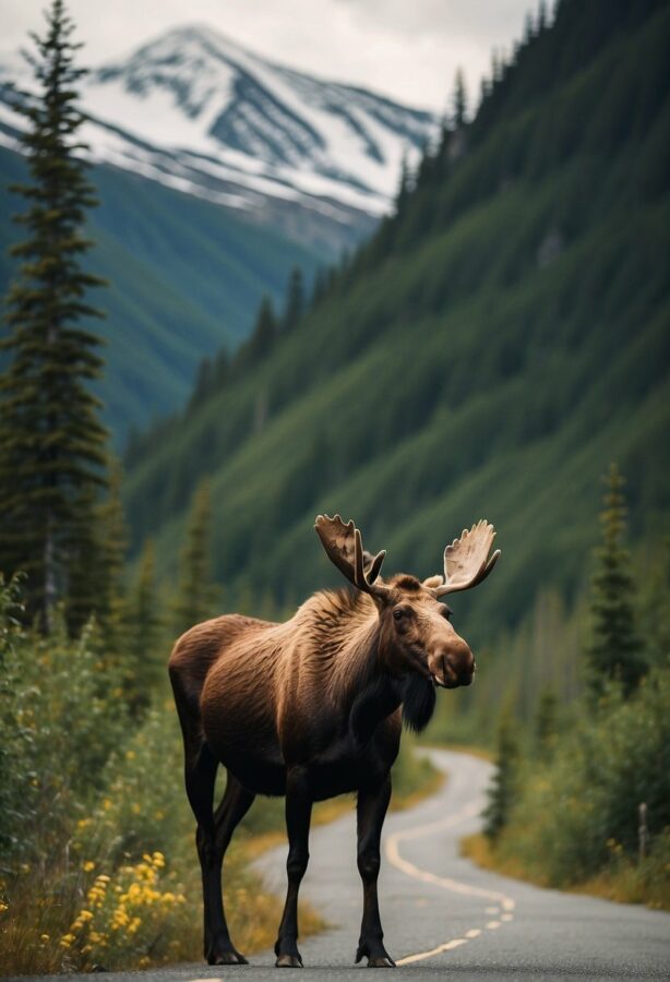Moose roam freely along Alaskan highways, grazing on lush vegetation with snow-capped mountains in the background