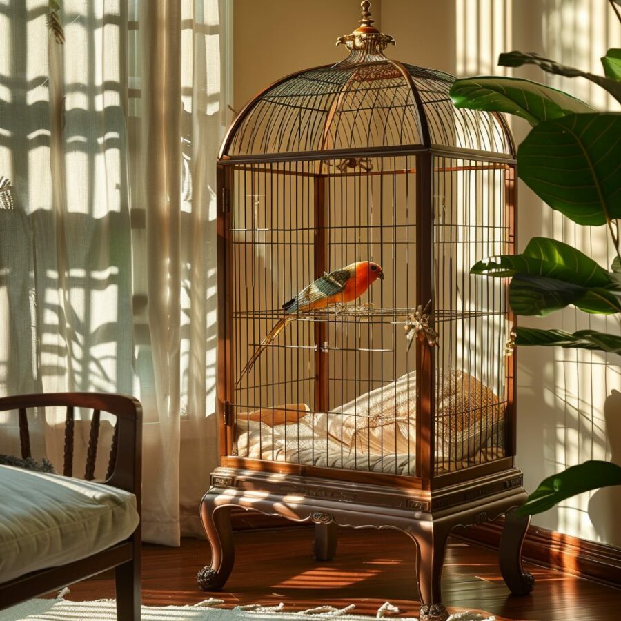 Orange Canary cage with rustic farmhouse design and ample space