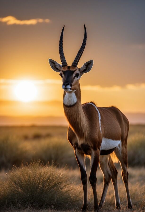 A graceful antelope stands in the golden glow of sunset, with its long, spiraled horns and striking facial markings drawing focus.