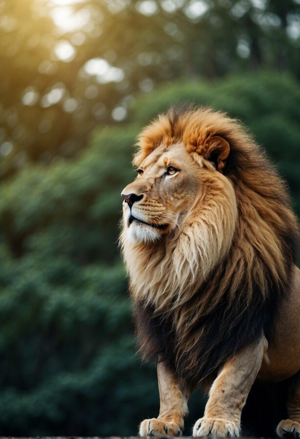 A majestic lion with a thick mane, staring intently into the distance, exuding strength and confidence.