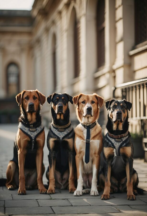 Four attentive dogs seated in a row; their poised stances and attentive expressions reflect their training and discipline.