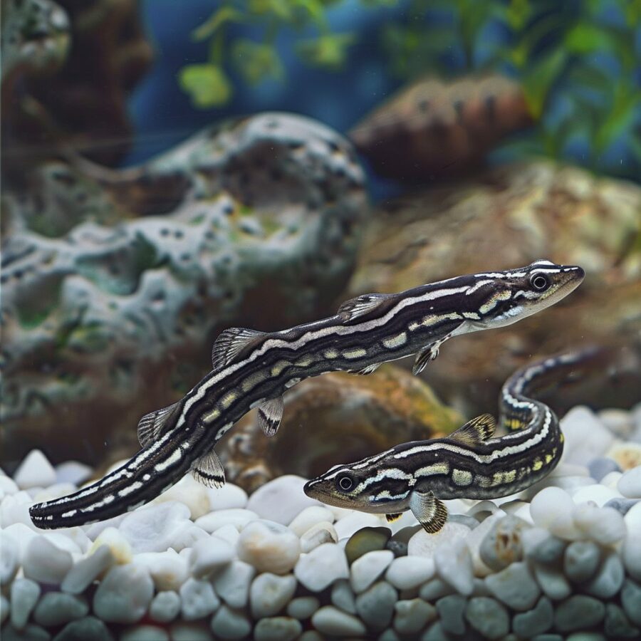 Zebra Eel peacefully coexisting with various compatible tank mates.