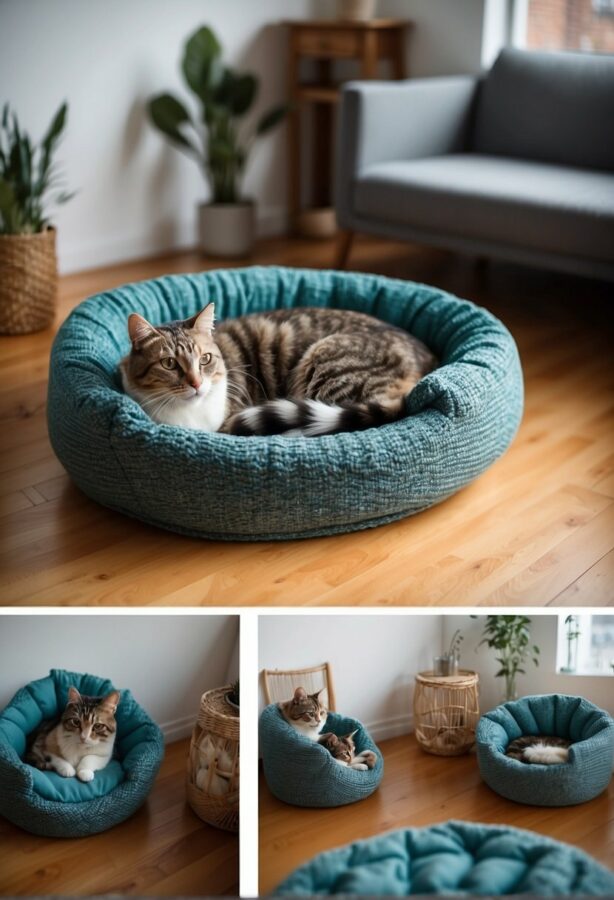 A cozy pet bed made from upcycled materials, with soft cushions and vibrant colors, nestled in a warm, inviting corner of a room
