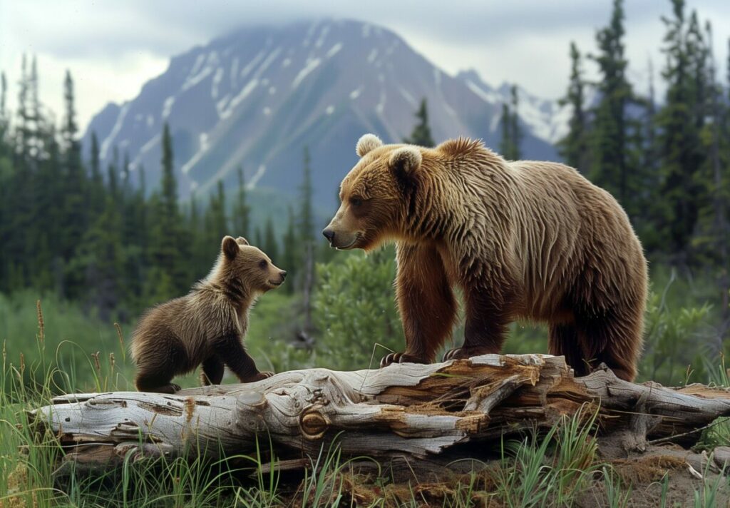 Grizzly bear cub standing beside adult bear in lush forest setting.