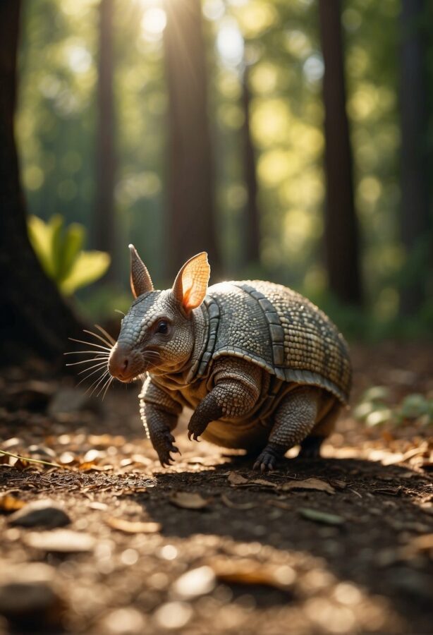 An armadillo ambling along a dusty trail, its unique armor-like shell textured against the rugged terrain.