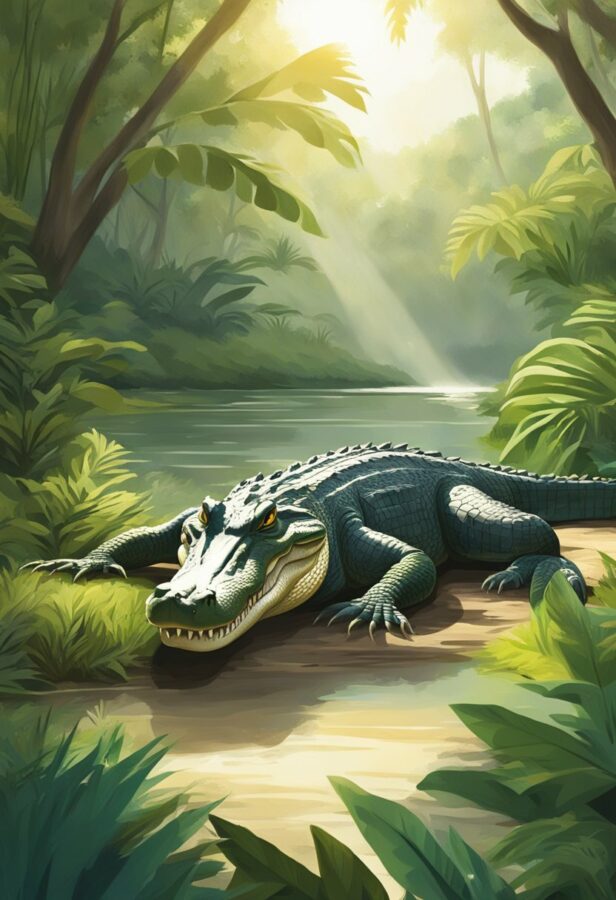 Wildlife Paintings acrylics: A painting capturing the serene presence of a basking crocodile on a riverbank, its powerful form partially submerged in the water.