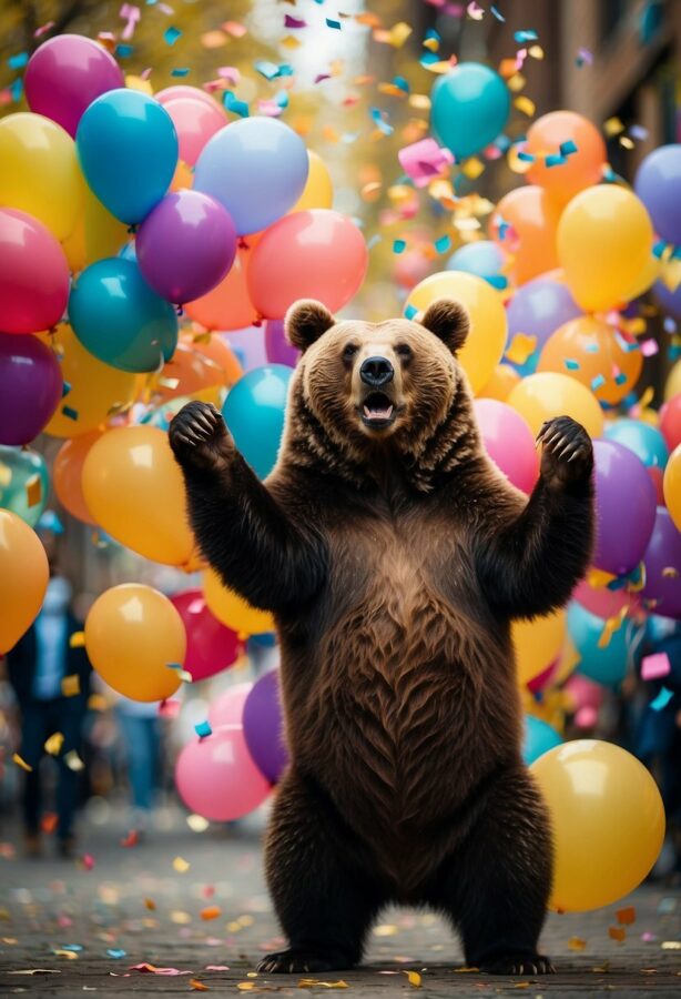 Silly Animal Photos: A bear sitting with a joyful, open-mouthed smile, in a sunlit clearing within a dense forest.