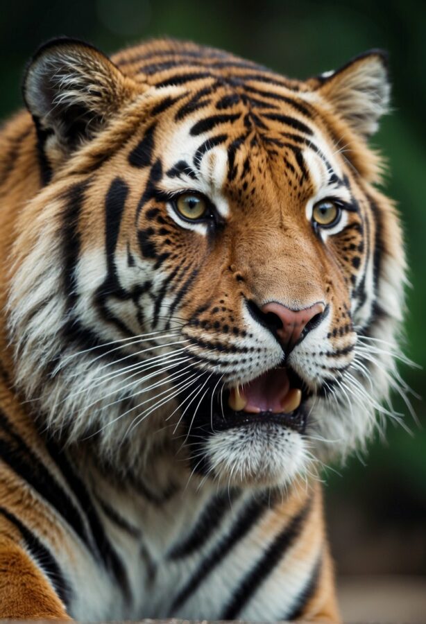 A bold tiger with piercing eyes and black stripes, staring directly at the viewer with intensity.